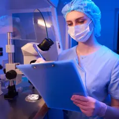 Naukowczyni w masce i czepku, w różowych rękawiczkach, notuje wyniki badań pod mikroskopem. W tle probówki i sprzęt laboratoryjny, sugerujące proces punkcji.
