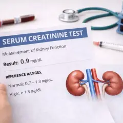 Wynik badania kreatynina: 0.9 mg/dL. Na stole leżą próbki krwi, strzykawka, leki i stetoskop.