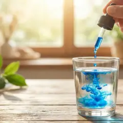 Kropla błękitu metylenowego rozpuszcza się w szklance wody, tworząc hipnotyzujące wzory. Obok stoi pudełko z produktem.