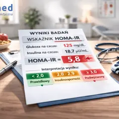 Wynik badania HOMA-IR: 5,8. Na stole leżą glukometr, stetoskop i owoce.