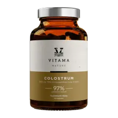 Bursztynowa butelka z etykietą "COLUSTRUM 1000 mg, 30% Immunoglobulin typu G (IgG)". Suplement diety, 90 kapsułek.