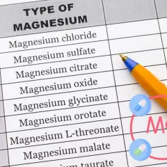 Tabela z typami magnezu, w tym glicynian magnezu. Obok długopis i symbol Mg z kapsułkami.