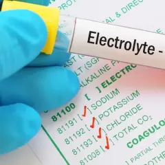 Rękawiczka w niebieskiej rękawiczce trzyma probówkę z napisem "Electrolyte - Test". Obok widać formularz z badaniami, w tym "COAGULOGRAM".
