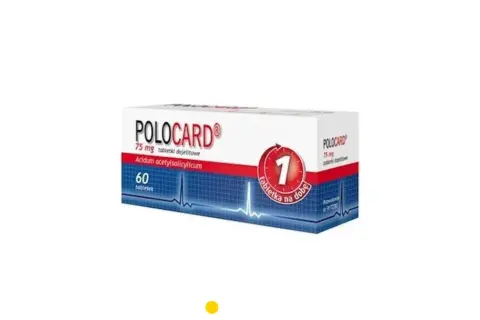 Opakowanie leku Polocard 75 mg, zawierające 60 tabletek dojelitowych z kwasem acetylosalicylowym. Zalecane 1 tabletka na dobę.
