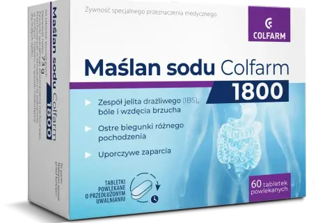Maślan sodu Colfarm 1800 pomaga na zespół jelita drażliwego, biegunki i zaparcia. Tabletki o przedłużonym uwalnianiu.