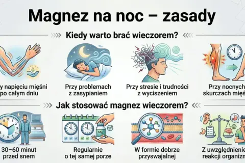 Kiedy brać magnez? Wieczorem przy napięciu mięśni, problemach z zasypianiem, stresie, skurczach. Stosuj 30-60 min przed snem, regularnie, w przyswajalnej formie.