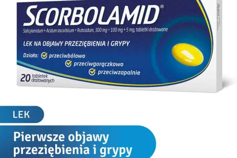 Opakowanie leku Scorbolamid na pierwsze objawy przeziębienia i grypy. Działa przeciwbólowo, przeciwgorączkowo i przeciwzapalnie.