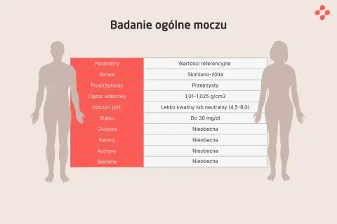 Tabela z parametrami badania ogólnego moczu, w tym odczyn (pH) lekko kwaśny lub neutralny (4,5-8,0).