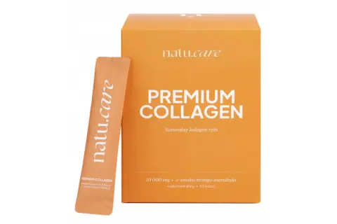 Opakowanie i saszetka z napisem "PREMIUM COLLAGEN" i "Naturalny kolagen rybi" o smaku mango-marakui.