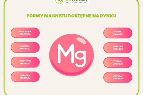 Różne formy magnezu: cytrynian, taurynian, glicynian, mleczan, tlenek, siarczan, węglan i jabłczan magnezu.