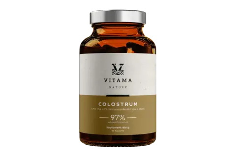 Bursztynowa butelka z etykietą "COLUSTRUM 1000 mg, 30% Immunoglobulin typu G (IgG)". Suplement diety, 90 kapsułek.