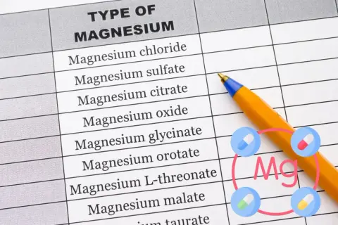 Tabela z typami magnezu, w tym glicynian magnezu. Obok długopis i symbol Mg z kapsułkami.