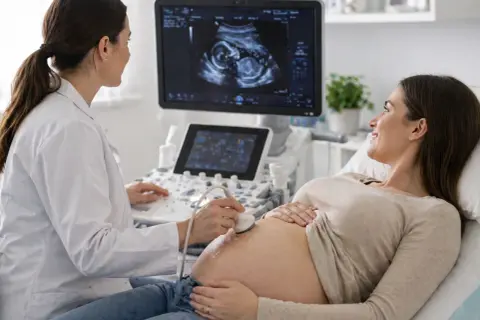 Lekarka wykonuje badanie prenatalne, przykładając głowicę USG do brzucha przyszłej mamy. Na ekranie widać obraz płodu.