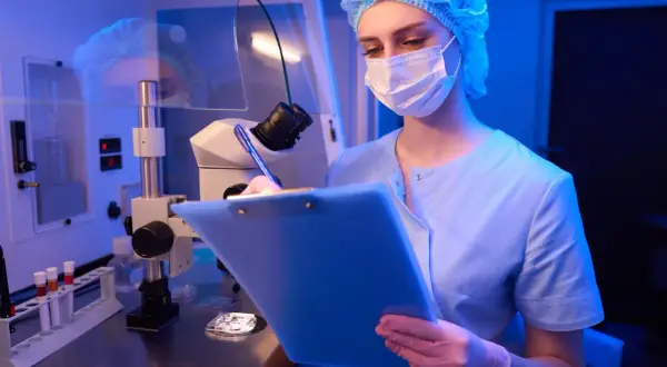 Naukowczyni w masce i czepku, w różowych rękawiczkach, notuje wyniki badań pod mikroskopem. W tle probówki i sprzęt laboratoryjny, sugerujące proces punkcji.