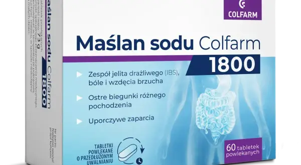 Maślan sodu Colfarm 1800 pomaga na zespół jelita drażliwego, biegunki i zaparcia. Tabletki o przedłużonym uwalnianiu.