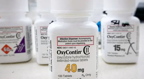 Butelki leku OxyContin, w tym jedna z dawką 40 mg, stoją na blacie.