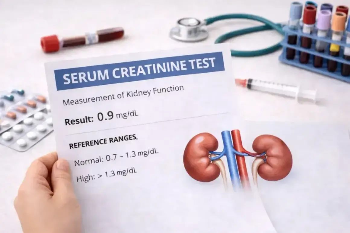 Wynik badania kreatynina: 0.9 mg/dL. Na stole leżą próbki krwi, strzykawka, leki i stetoskop.