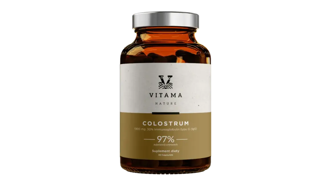 Bursztynowa butelka z etykietą "COLUSTRUM 1000 mg, 30% Immunoglobulin typu G (IgG)". Suplement diety, 90 kapsułek.