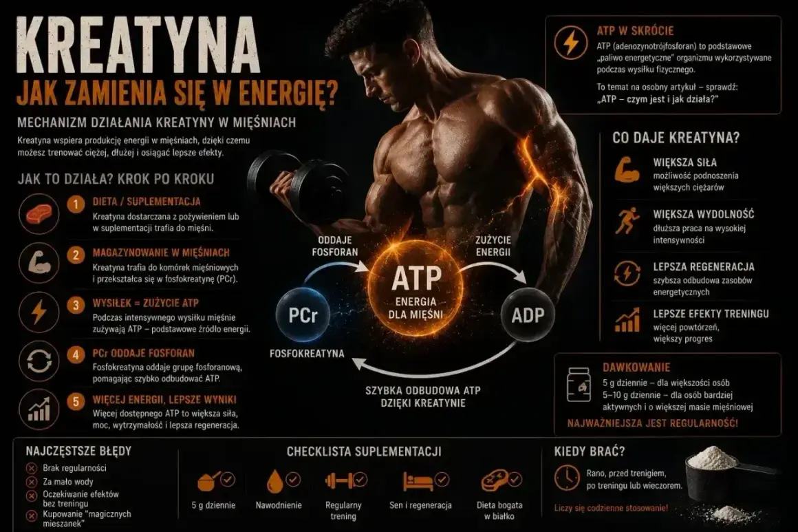 Kreatyna co daje? Większa siła, wydolność i lepsza regeneracja. Pomaga szybciej odbudować ATP, co przekłada się na lepsze efekty treningu.