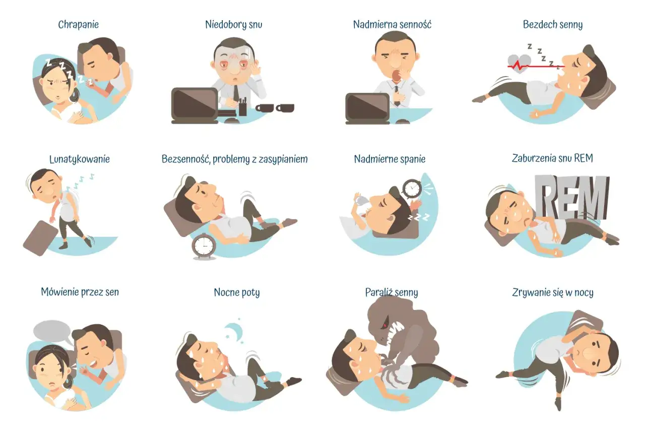 Ilustracje pokazują różne problemy ze snem, od chrapania po bezsenność i koszmary.