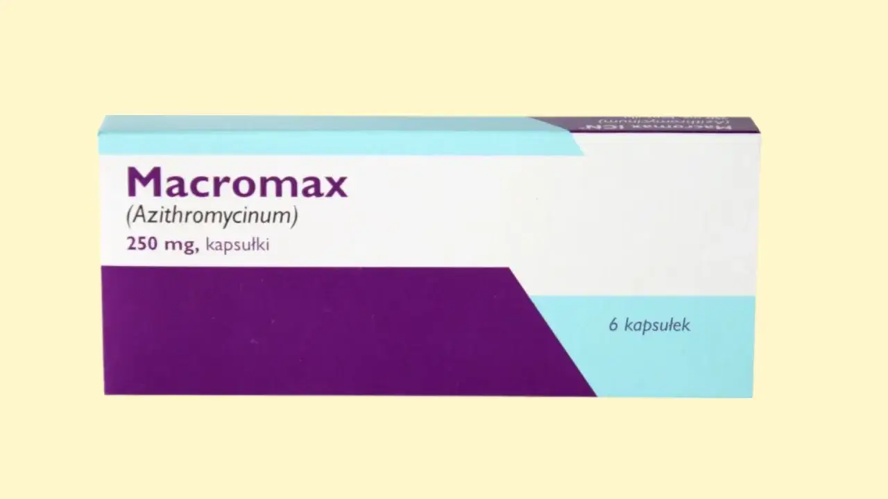 Opakowanie leku Macromax zawierającego azytromycynę, 250 mg, 6 kapsułek.