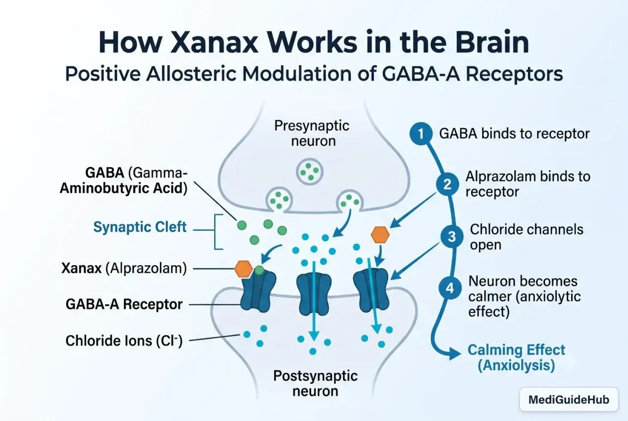Schemat wyjaśnia, xanax co to jest i jak działa: alprazolam wiąże się z receptorem GABA-A, otwierając kanały chlorkowe i uspokajając neuron.
