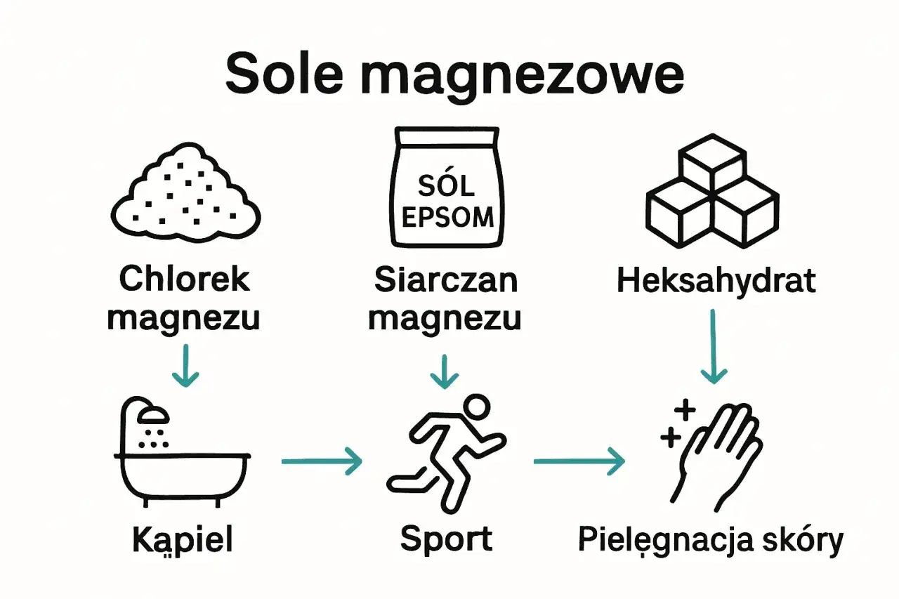 Diagram pokazuje sole magnezu: chlorek, siarczan magnezu (sól Epsom) i heksahydrat. Każda prowadzi do zastosowania: kąpiel, sport, pielęgnacja skóry.