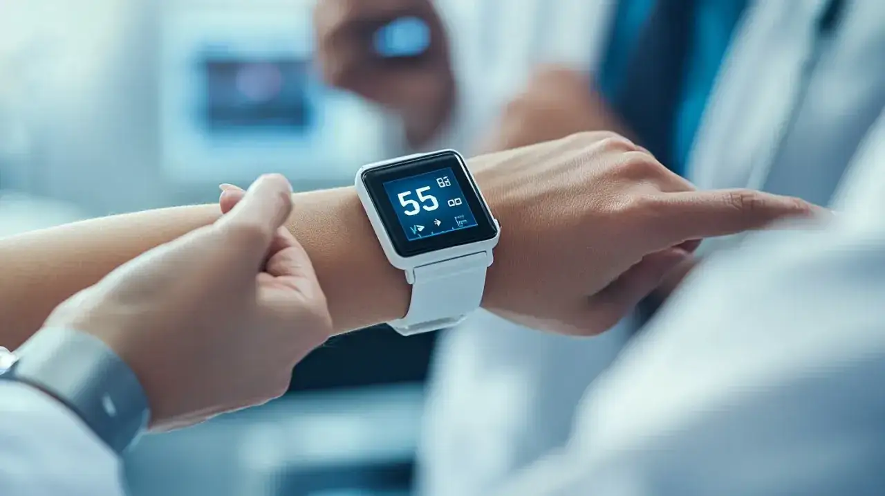 Biały smartwatch na nadgarstku pokazuje 55 uderzeń na minutę. To idealny puls norma.