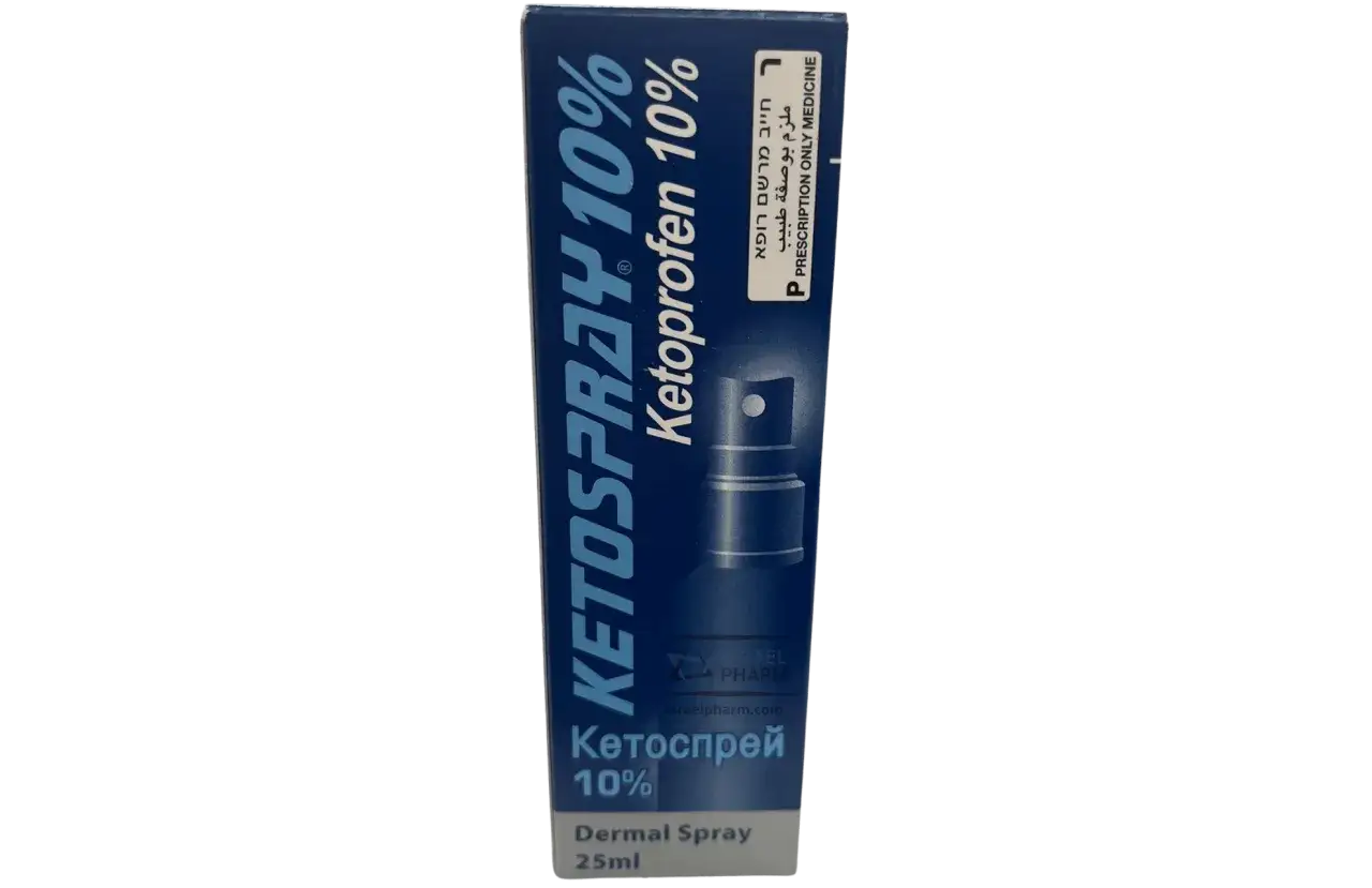 Opakowanie sprayu Ketoprofen 10% Dermal Spray 25ml, z napisem 