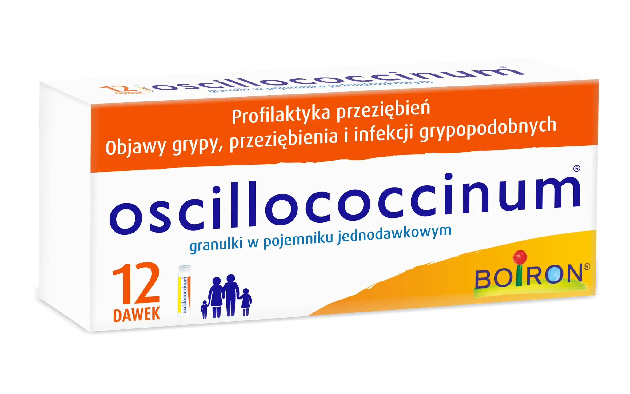 Opakowanie leku homeopatia Oscillococcinum, 12 dawek. Pomaga w objawach grypy i przeziębienia.