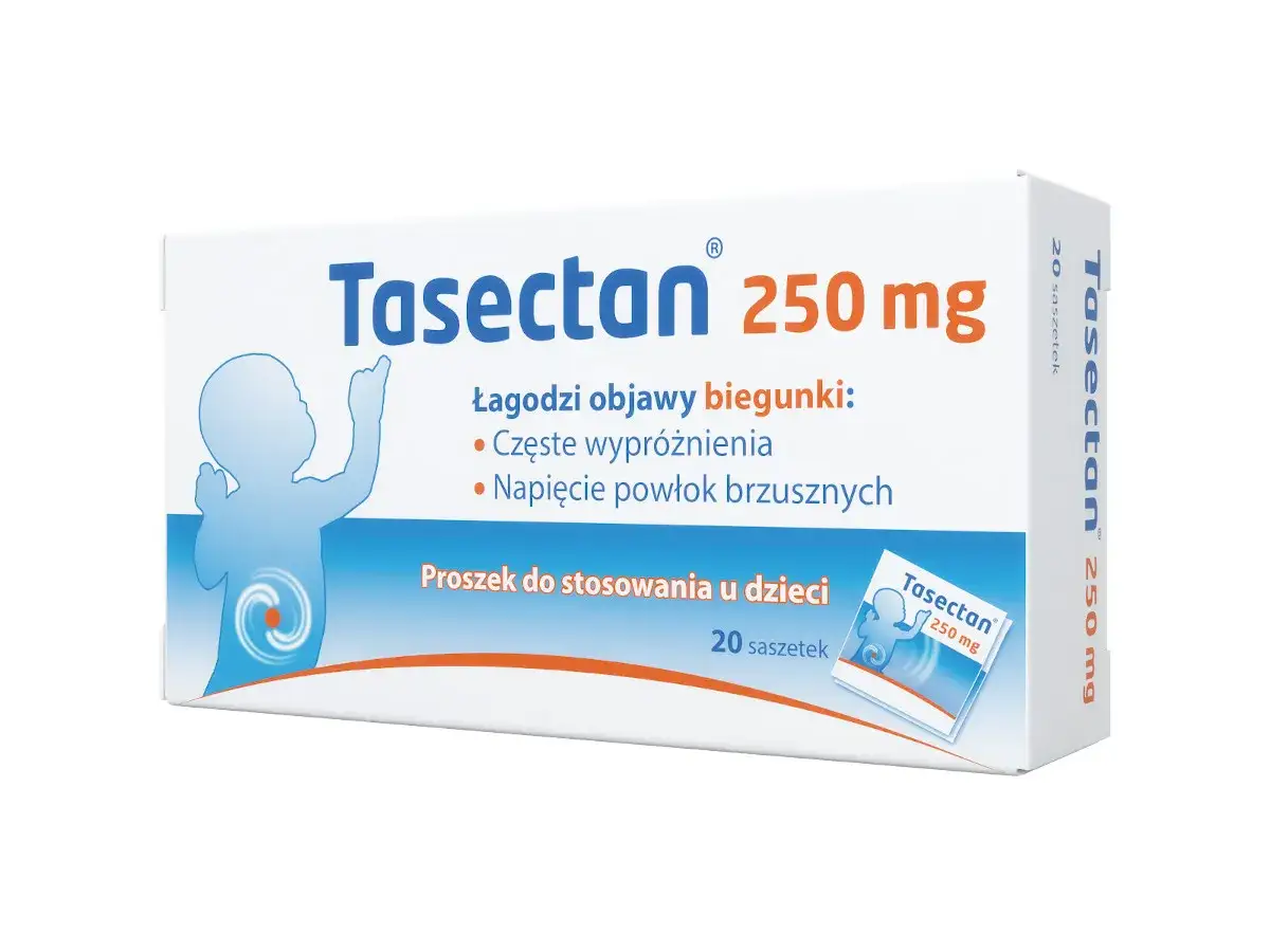 Opakowanie Tasectan 250 mg dla dzieci, łagodzi objawy biegunki i napięcie brzucha. Zawiera 20 saszetek proszku.