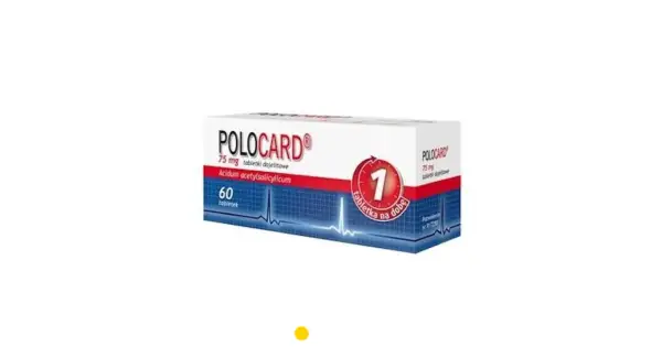 Opakowanie leku Polocard 75 mg, zawierające 60 tabletek dojelitowych z kwasem acetylosalicylowym. Zalecane 1 tabletka na dobę.