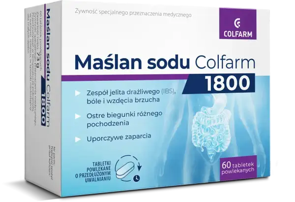 Maślan sodu Colfarm 1800 pomaga na zespół jelita drażliwego, biegunki i zaparcia. Tabletki o przedłużonym uwalnianiu.