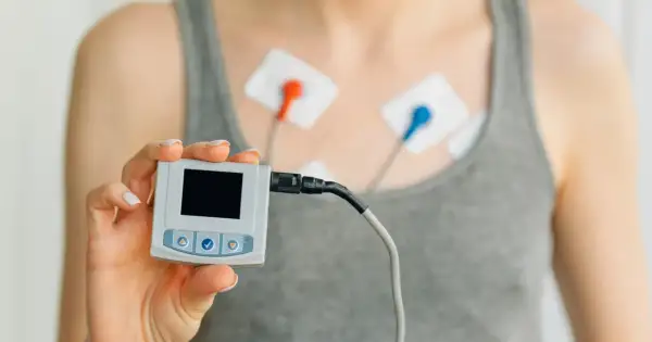 Dłoń trzyma urządzenie do monitorowania ekg serca. Na klatce piersiowej widoczne elektrody.