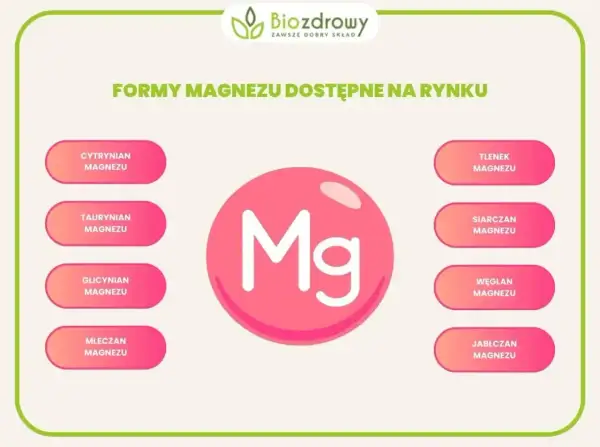 Różne formy magnezu: cytrynian magnezu na co, taurynian, glicynian, mleczan, tlenek, siarczan, węglan i jabłczan.