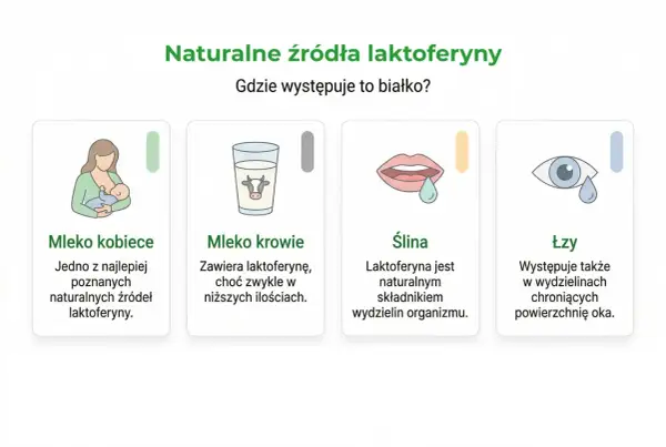 Naturalne źródła laktoferyny: mleko kobiece, mleko krowie, ślina i łzy. Laktoferyna to białko występujące w tych wydzielinach.