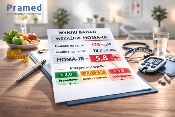 Wynik badania HOMA-IR: 5,8. Na stole leżą glukometr, stetoskop i owoce.