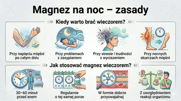 Kiedy brać magnez? Wieczorem przy napięciu mięśni, problemach z zasypianiem, stresie, skurczach. Stosuj 30-60 min przed snem, regularnie, w przyswajalnej formie.