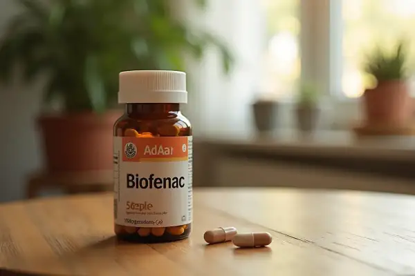 Butelka leku Biofenac 100 mg na drewnianym stole, obok dwie kapsułki. W tle rośliny doniczkowe.