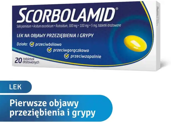 Opakowanie leku Scorbolamid na pierwsze objawy przeziębienia i grypy. Działa przeciwbólowo, przeciwgorączkowo i przeciwzapalnie.