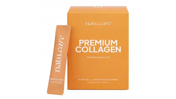 Opakowanie i saszetka z napisem "PREMIUM COLLAGEN" i "Naturalny kolagen rybi" o smaku mango-marakui.