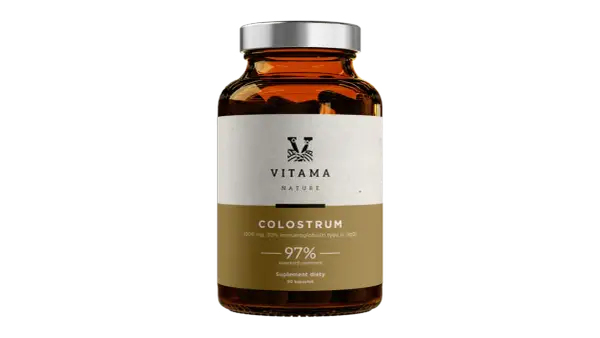 Bursztynowa butelka z etykietą "COLUSTRUM 1000 mg, 30% Immunoglobulin typu G (IgG)". Suplement diety, 90 kapsułek.