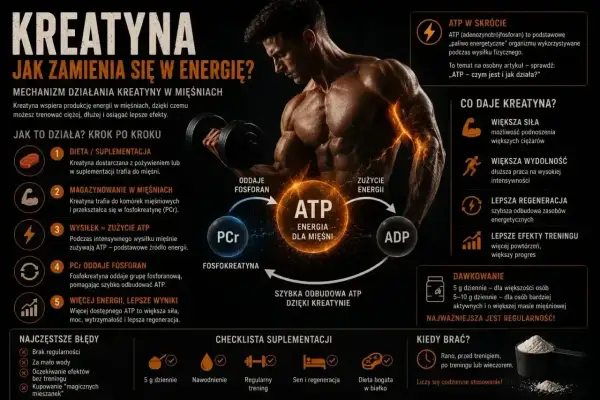 Kreatyna co daje? Większa siła, wydolność i lepsza regeneracja. Pomaga szybciej odbudować ATP, co przekłada się na lepsze efekty treningu.