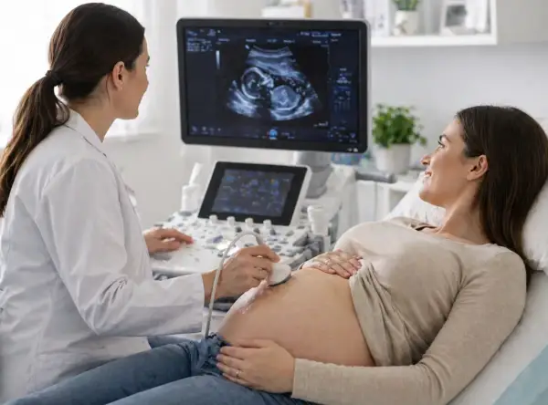 Lekarka wykonuje badanie prenatalne, przykładając głowicę USG do brzucha przyszłej mamy. Na ekranie widać obraz płodu.
